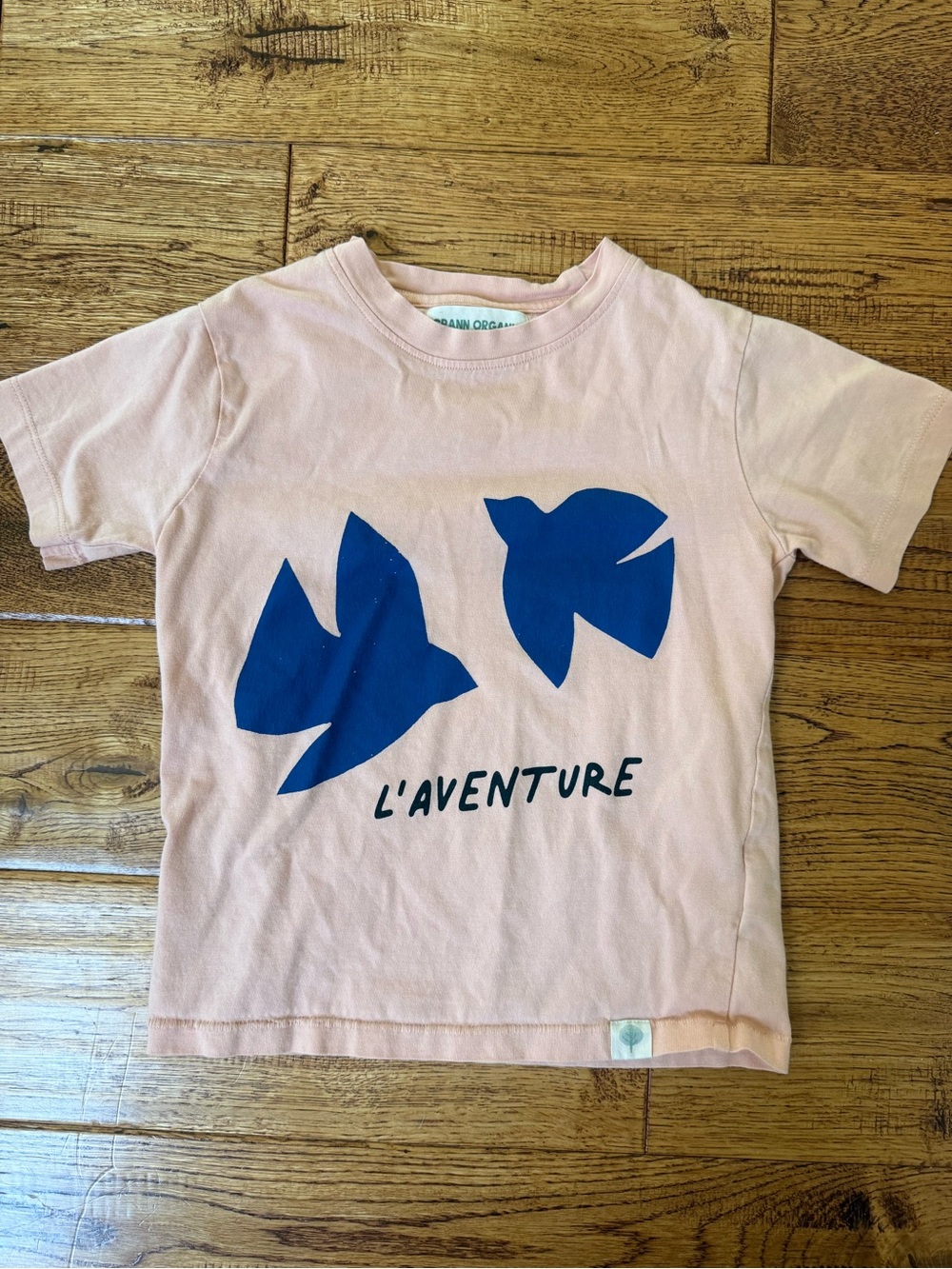 Peach Crann Organics Kids Tee with Blue Bird Graphic